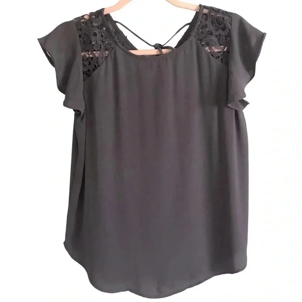 LOFT Black Flutter Sleeve Lace Detail Top- Size Small Petite